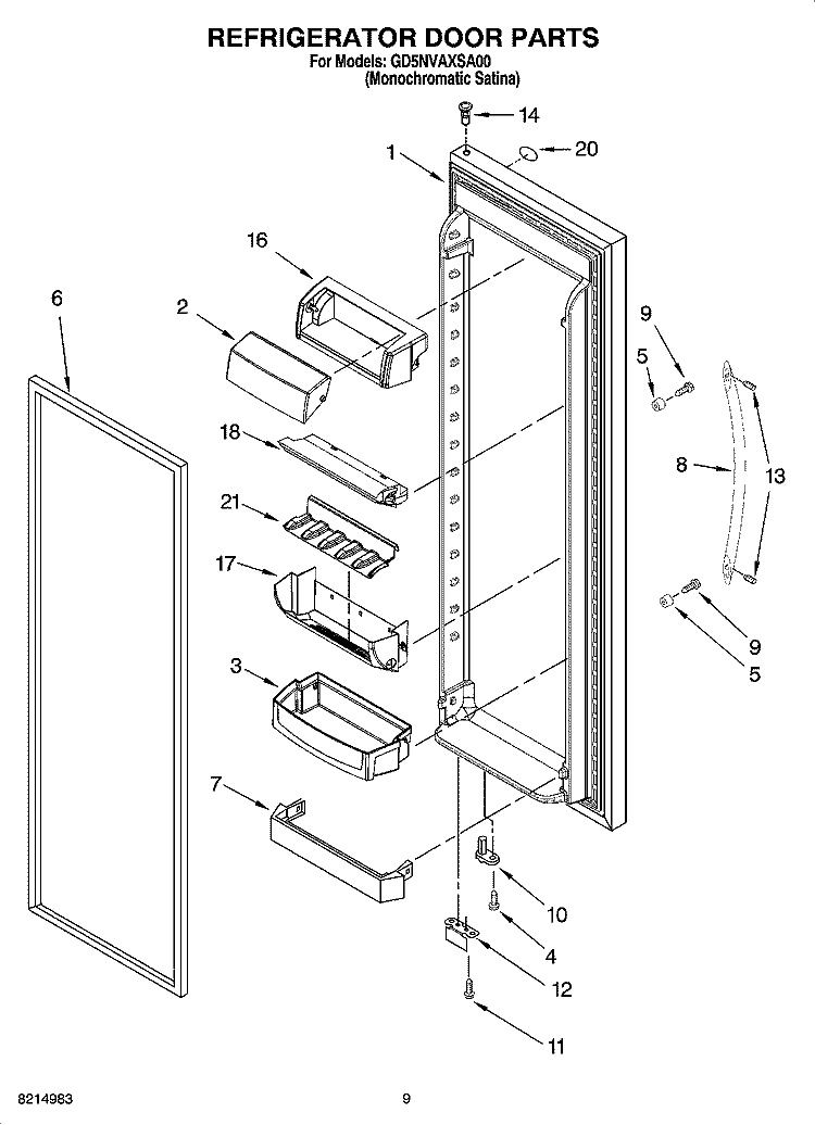 REFRIGERATOR DOOR PARTS Diagram and Parts List for GD5NVAXSA00  Whirlpool Refrigerator