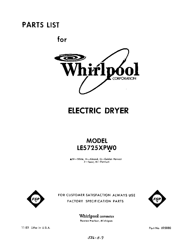 SECTION Diagram and Parts List for LE5725XPW0  Whirlpool Dryer