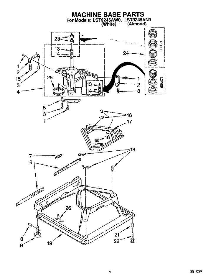 MACHINE BASE Diagram and Parts List for LST9245AN0  Whirlpool Washer