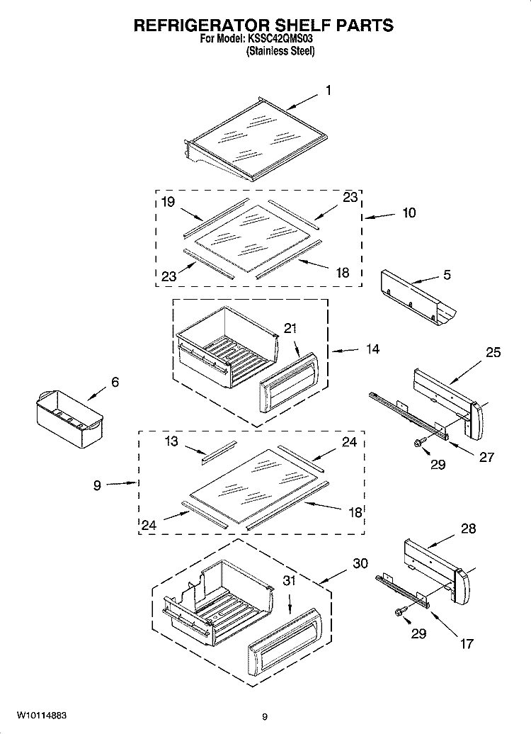 REFRIGERATOR SHELF PARTS Diagram and Parts List for KSSC42QMS03  KitchenAid Refrigerator