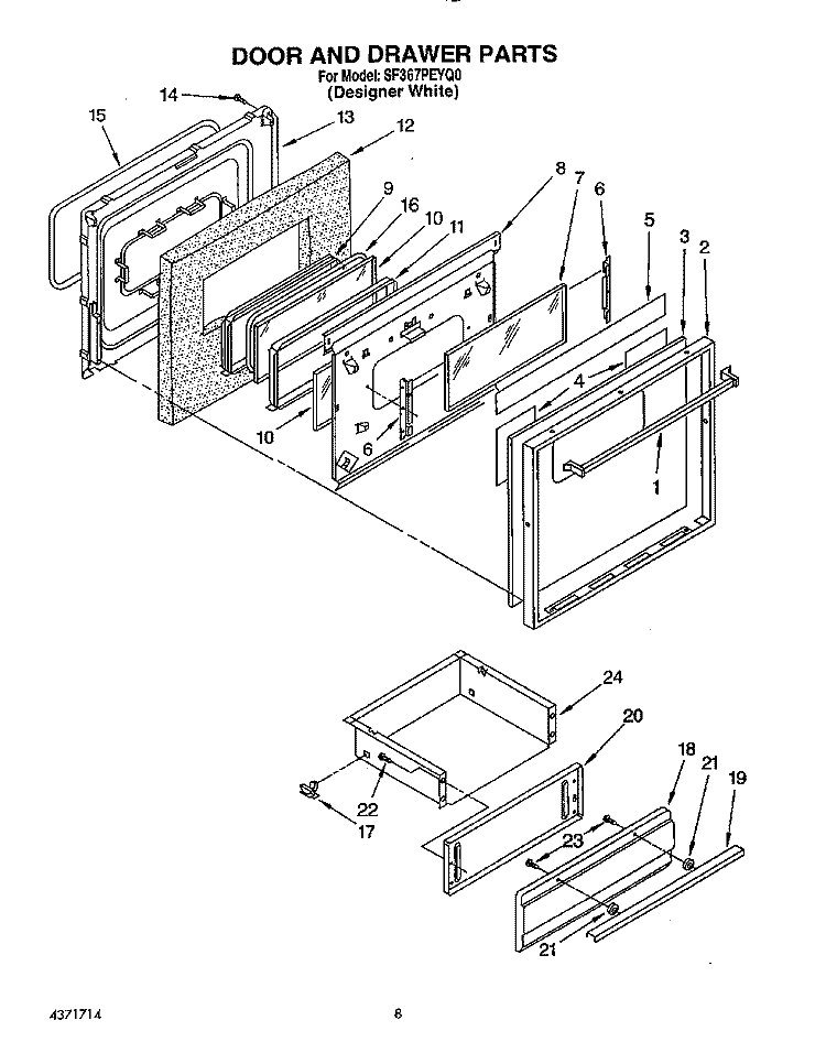 DOOR AND DRAWER Diagram and Parts List for SF367PEYQ0  Whirlpool Range