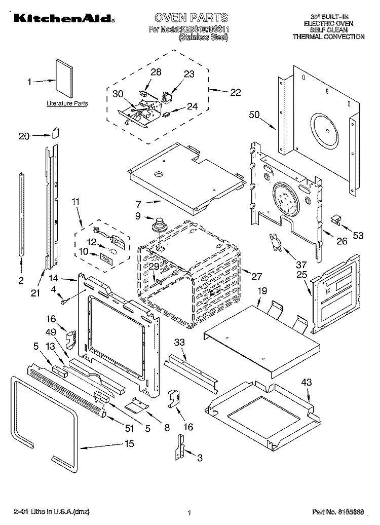 OVEN, LITERATURE Diagram and Parts List for KEBS107DSS11  KitchenAid Wall Oven