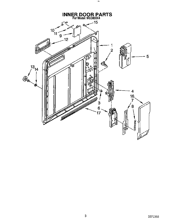 INNER DOOR Diagram and Parts List for WU3000X4  Roper Dishwasher