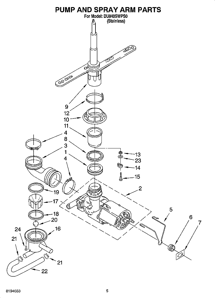 PUMP AND SPRAY ARM PARTS Diagram and Parts List for DU840SWPS0  Whirlpool Dishwasher