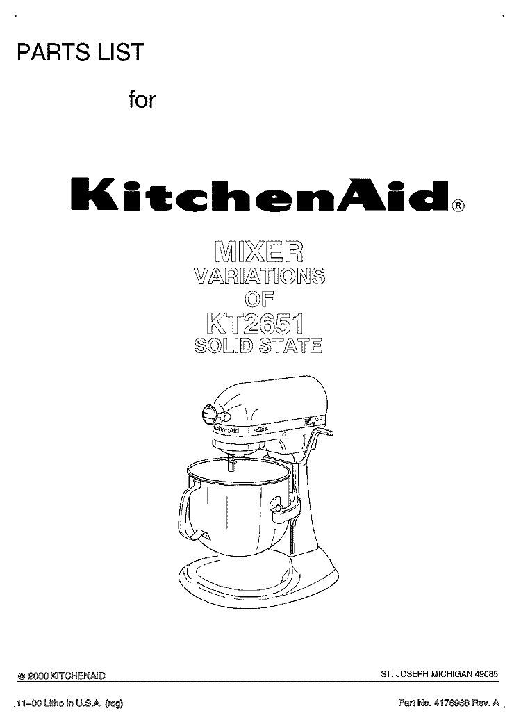 FRONT COVER Diagram and Parts List for KT2651  KitchenAid Mixer