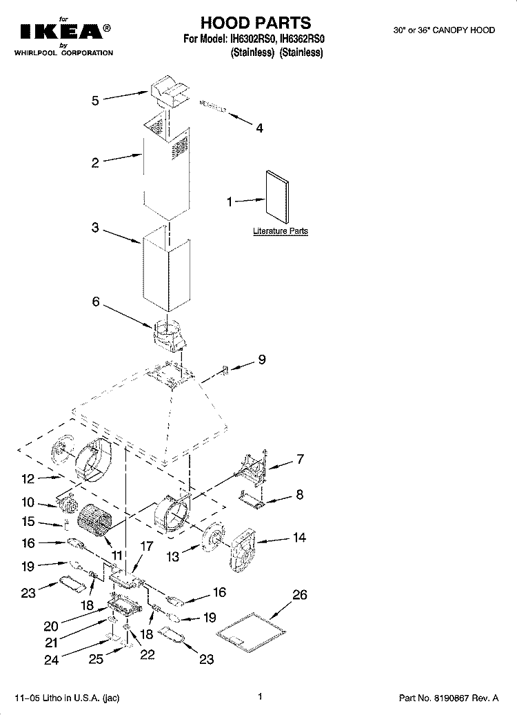 HOOD PARTS Diagram and Parts List for IH6302RS0  Whirlpool Range Hood