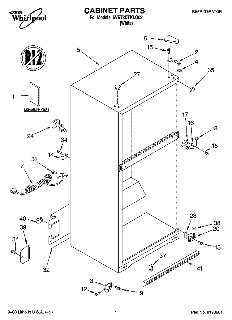 CABINET PARTS Diagram and Parts List for 5VET3DTKLQ02  Whirlpool Refrigerator