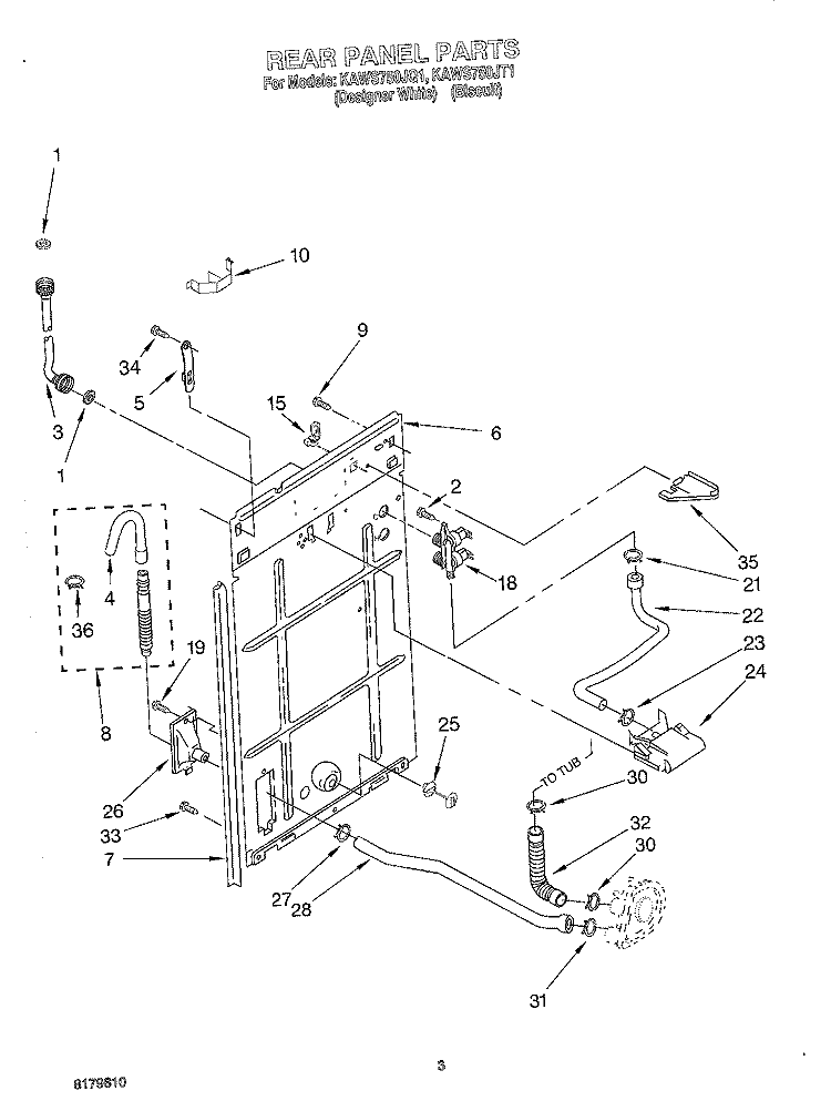 REAR PANEL Diagram and Parts List for KAWS750JT1  KitchenAid Washer