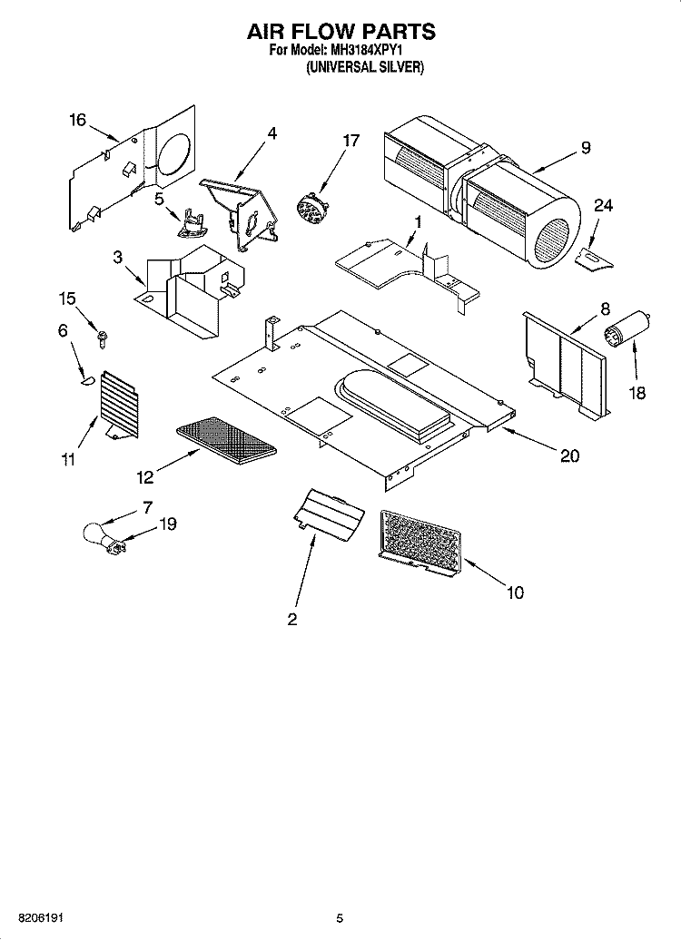 AIR FLOW PARTS Diagram and Parts List for MH3184XPY1  Whirlpool Microwave