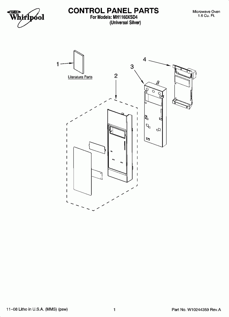 CONTROL PANEL PARTS Diagram and Parts List for MH1160XSD4  Whirlpool Microwave