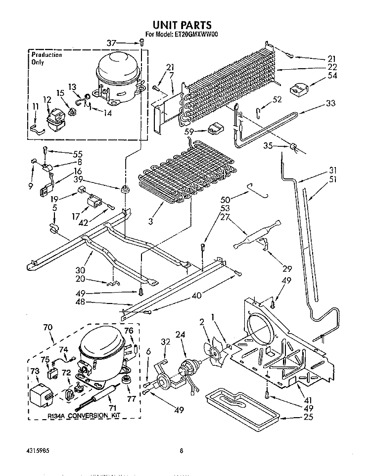 UNIT Diagram and Parts List for ET20GMXWW00  Whirlpool Refrigerator