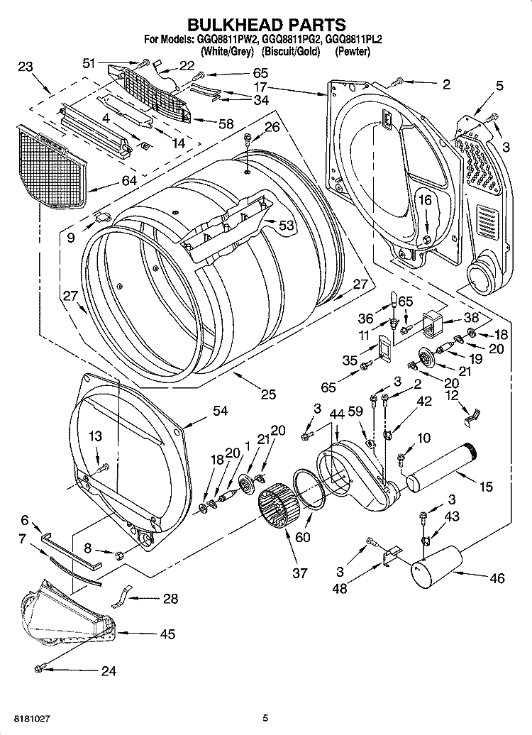 BULKHEAD PARTS Diagram and Parts List for GGQ8811PG2  Whirlpool Dryer