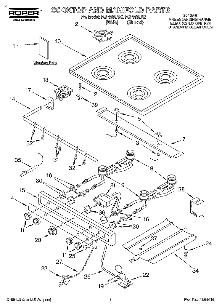 COOKTOP & MANIFOLD, LITERATURE Diagram and Parts List for FGP305EW2  Roper Range