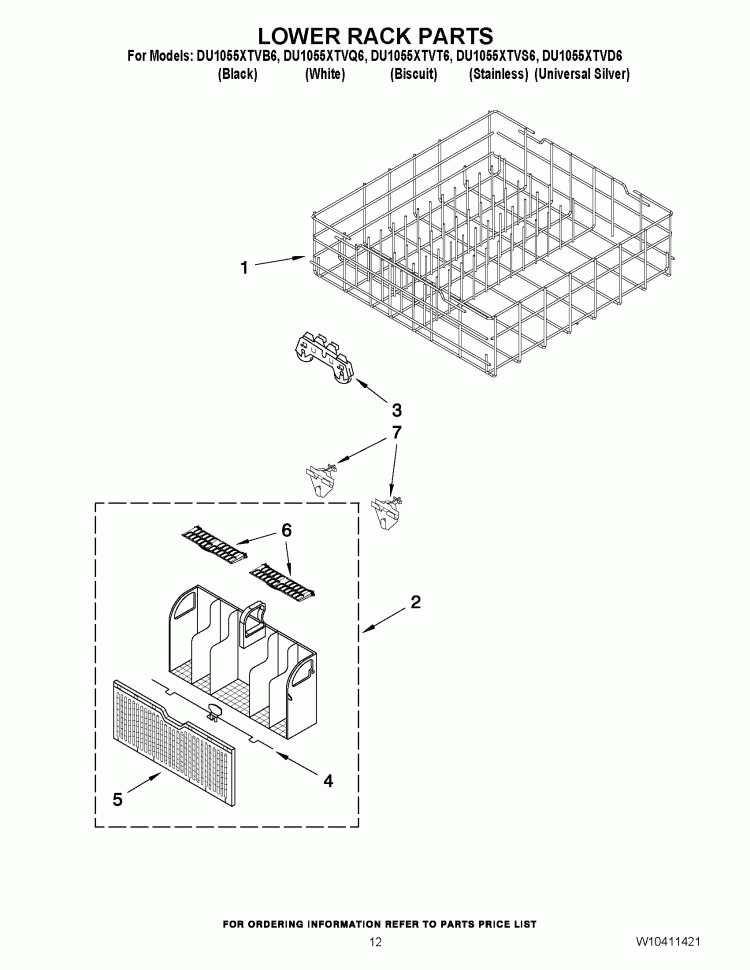 LOWER RACK PARTS Diagram and Parts List for DU1055XTVD6  Whirlpool Dishwasher