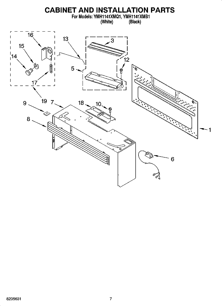 CABINET AND INSTALLATION PARTS Diagram and Parts List for YMH1141XMQ1  Whirlpool Microwave