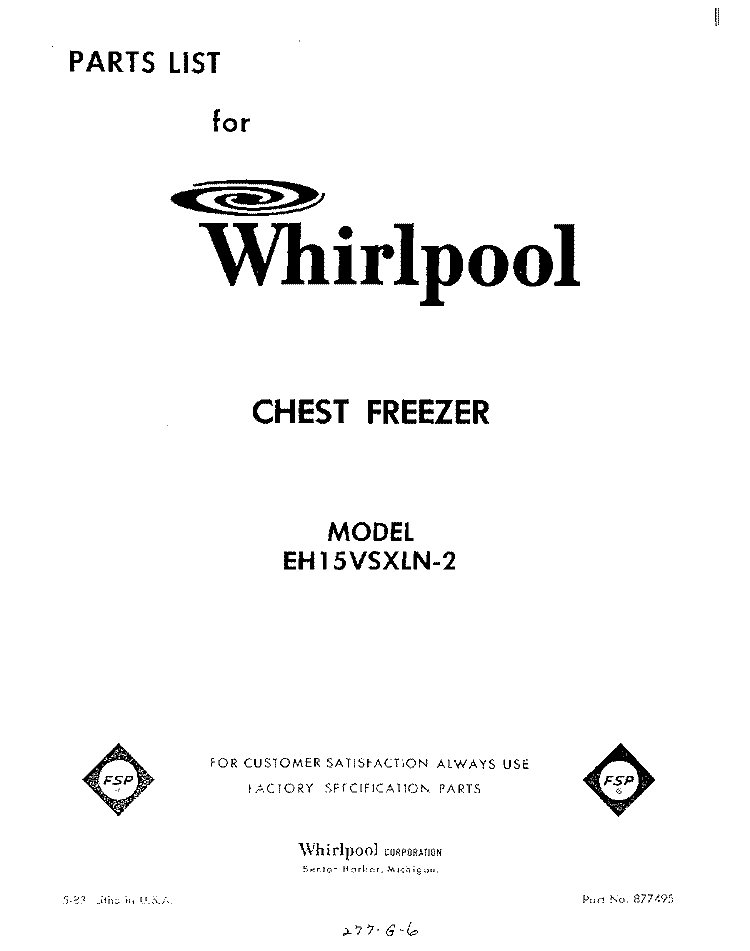 SECTION Diagram and Parts List for EH15VSXLN2  Whirlpool Freezer