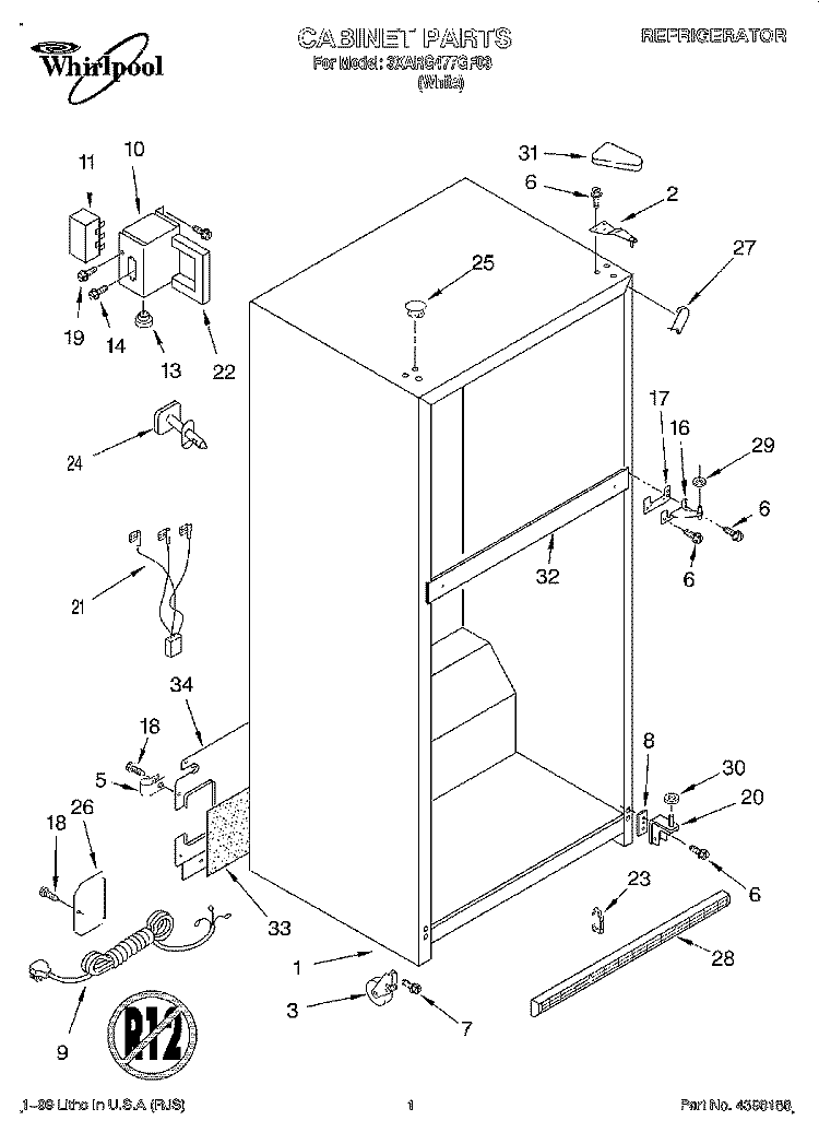 CABINET Diagram and Parts List for 3XARG477GF03  Whirlpool Refrigerator