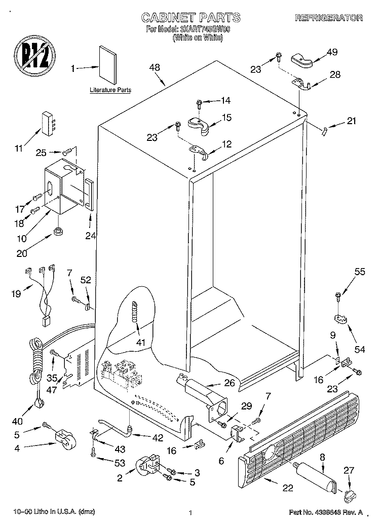 CABINET, LITERATURE Diagram and Parts List for 3XART745GW00  Whirlpool Refrigerator