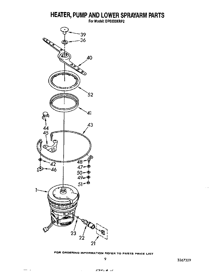 HEATER, PUMP AND LOWER SPRAY ARM Diagram and Parts List for DP6000XRP2  Whirlpool Dishwasher