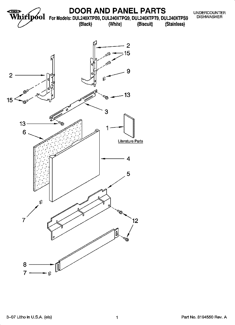 DOOR AND PANEL PARTS Diagram and Parts List for DUL240XTPS9  Whirlpool Dishwasher