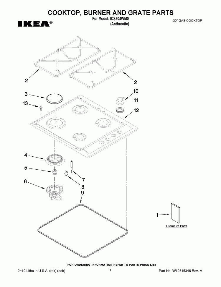 COOKTOP, BURNER AND GRATE PARTS Diagram and Parts List for ICS304WM0  Whirlpool Cooktop