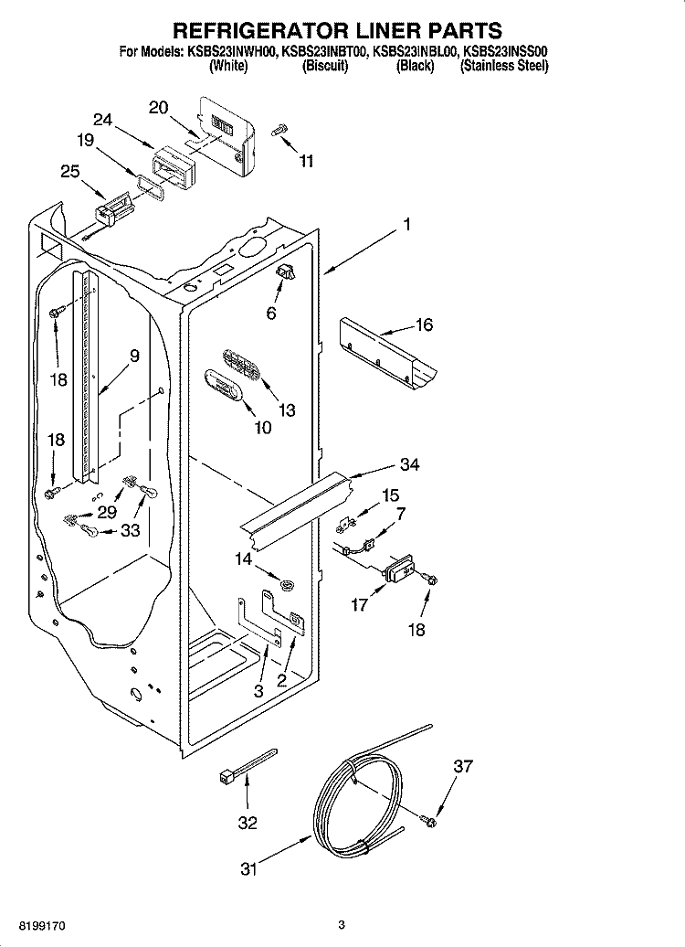 REFRIGERATOR LINER PARTS Diagram and Parts List for KSBS23INBL00  KitchenAid Refrigerator