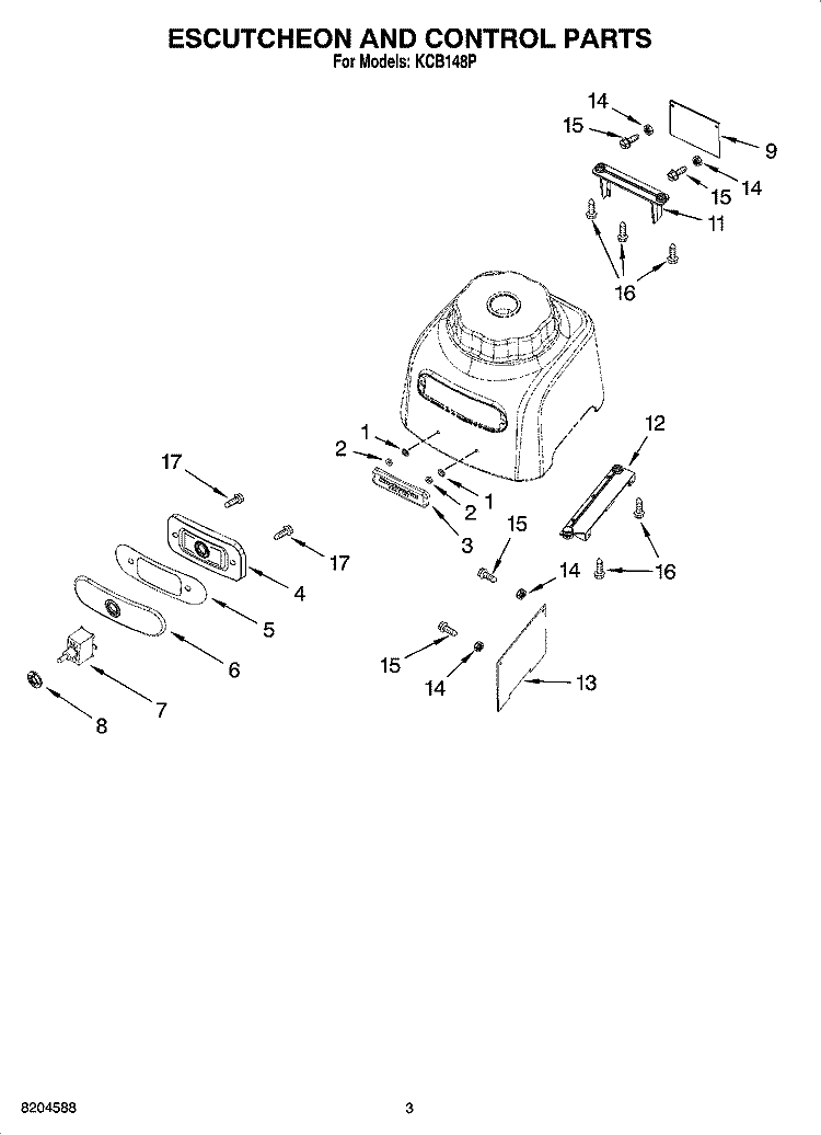 ESCUTCHEON AND CONTROL PARTS Diagram and Parts List for KCB148P  KitchenAid Blender