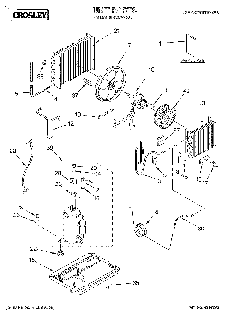 UNIT, LITERATURE Diagram and Parts List for CA5WM45  Crosley Air Conditioner