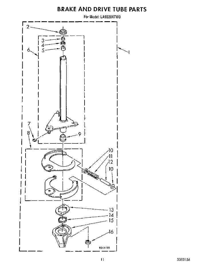 BRAKE AND DRIVE TUBE Diagram and Parts List for LA9320XTW0  Whirlpool Washer