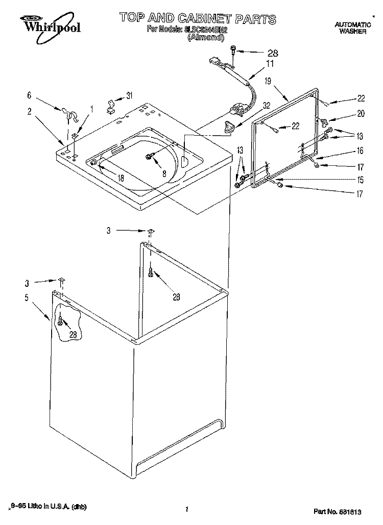 TOP AND CABINET Diagram and Parts List for 8LSC6244BN2  Whirlpool Washer