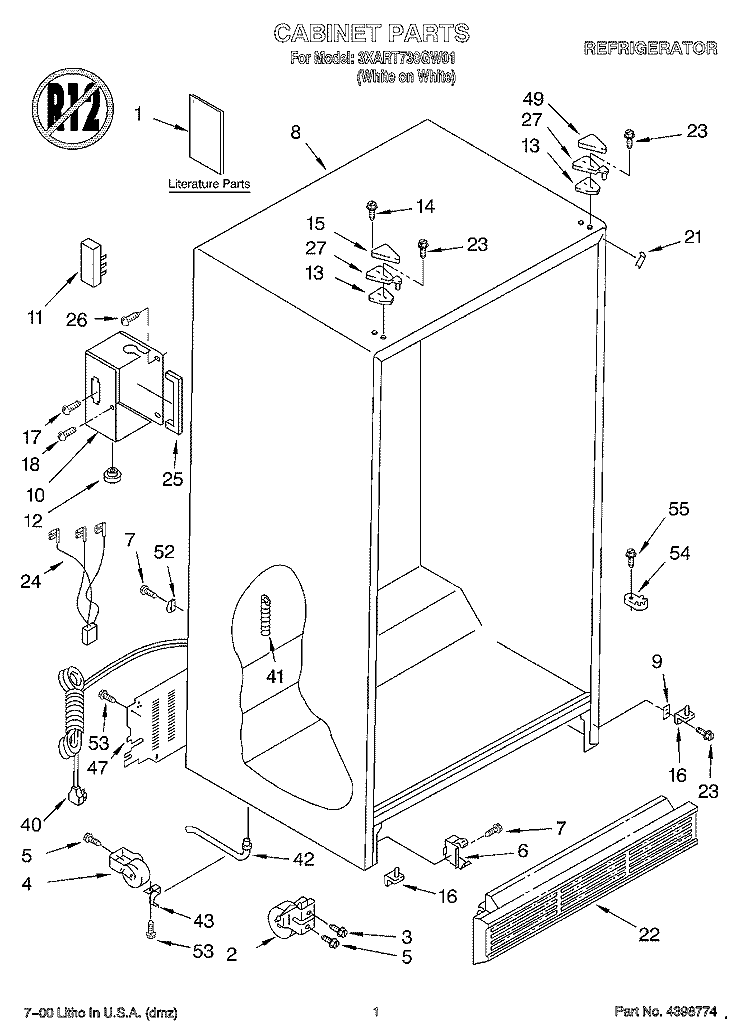 CABINET, LITERATURE Diagram and Parts List for 3XART730GW01  Whirlpool Refrigerator