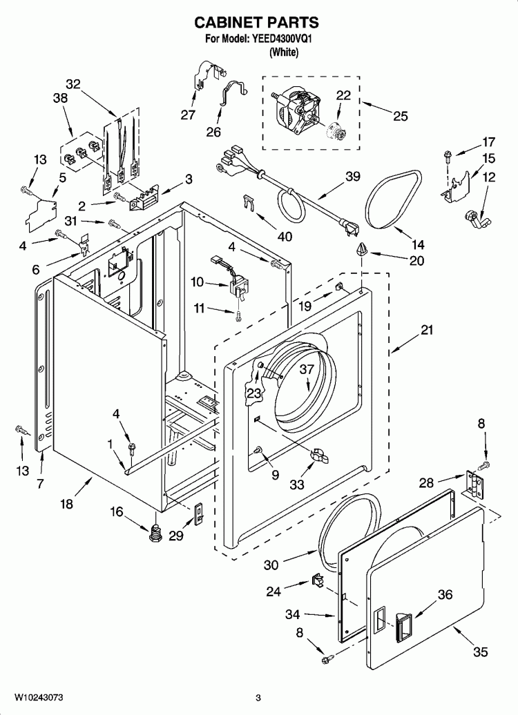 CABINET PARTS Diagram and Parts List for YEED4300VQ1  Whirlpool Dryer