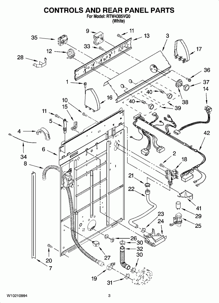 CONTROLS AND REAR PANEL PARTS Diagram and Parts List for RTW4305VQ0  Roper Washer