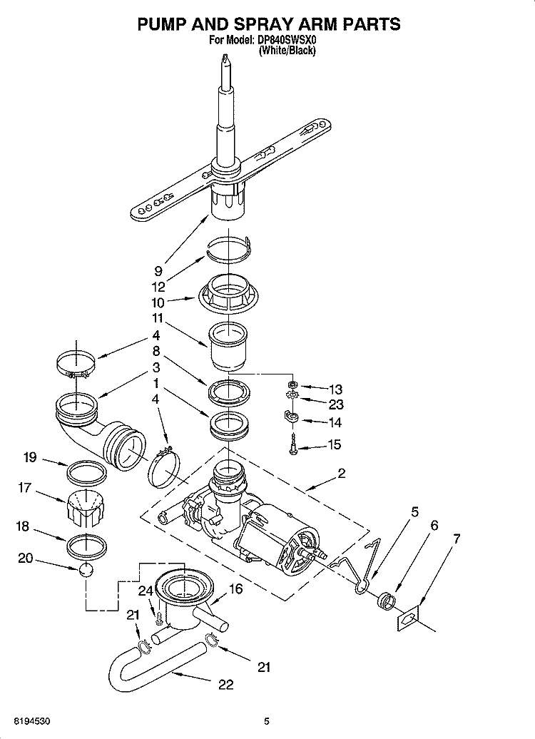 PUMP AND SPRAY ARM PARTS Diagram and Parts List for DP840SWSX0  Whirlpool Dishwasher