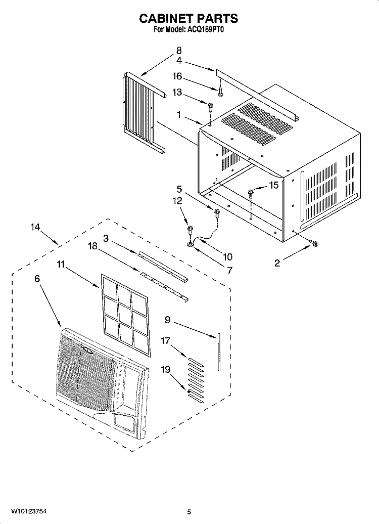 CABINET PARTS Diagram and Parts List for ACQ189PT0  Whirlpool Air Conditioner