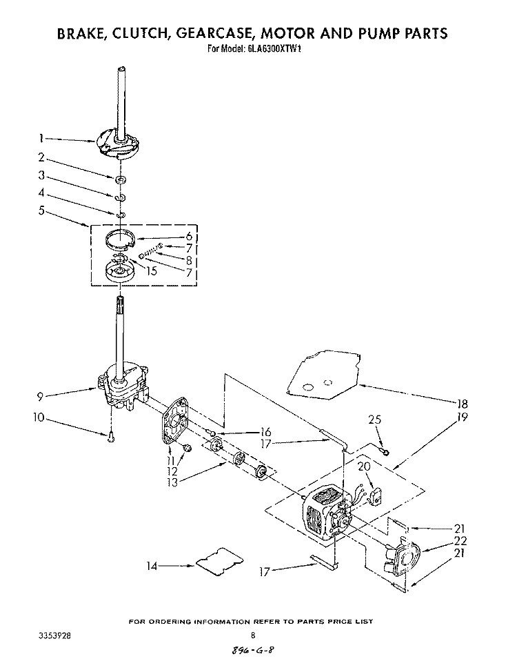 BRAKE, CLUTCH, GEARCASE, MOTOR AND PUMP Diagram and Parts List for 6LA6300XTW1  Whirlpool Washer