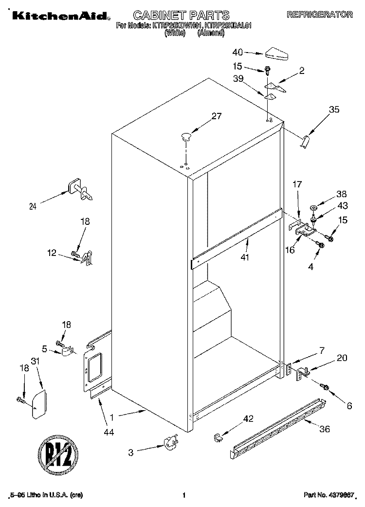 CABINET Diagram and Parts List for KTRP20KDWH01  KitchenAid Refrigerator