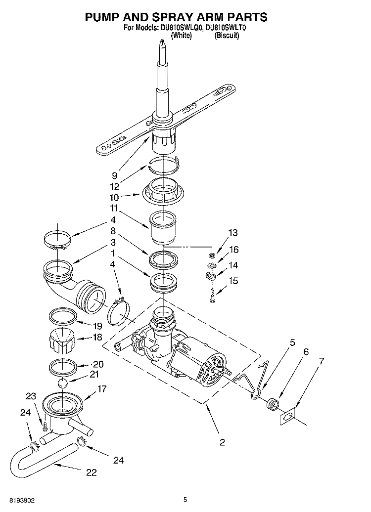PUMP AND SPRAY ARM PARTS Diagram and Parts List for DU810SWLQ0  Whirlpool Dishwasher