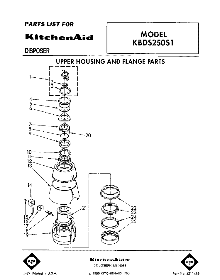 SECTION Diagram and Parts List for KBDS250S1  KitchenAid Food Waste Disposer