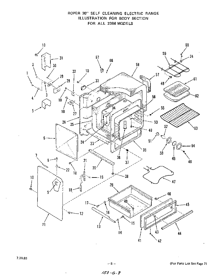 BODY Diagram and Parts List for 2384W1A  Roper Range