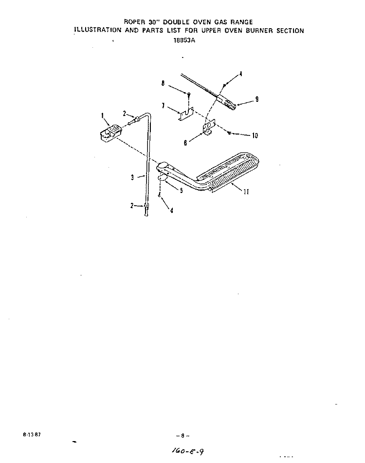 UPPER OVEN BURNER Diagram and Parts List for 1885W3A  Roper Range