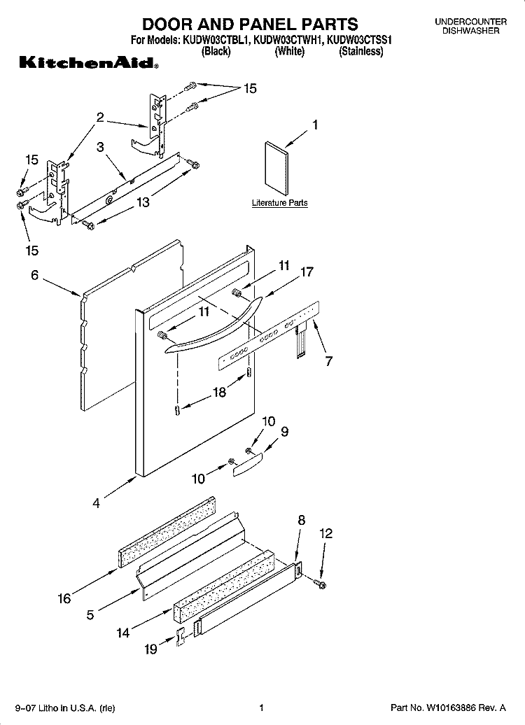 DOOR AND PANEL PARTS Diagram and Parts List for KUDW03CTBL1  KitchenAid Dishwasher