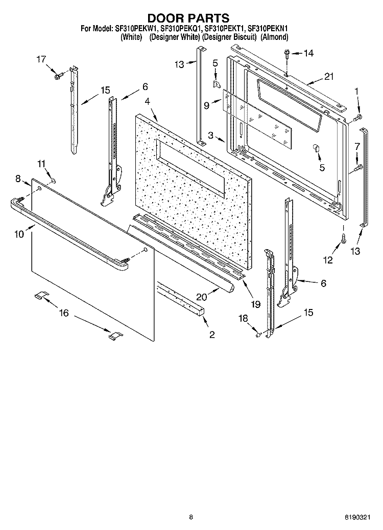 DOOR PARTS, MISCELLANEOUS PARTS Diagram and Parts List for SF310PEKN1  Whirlpool Range