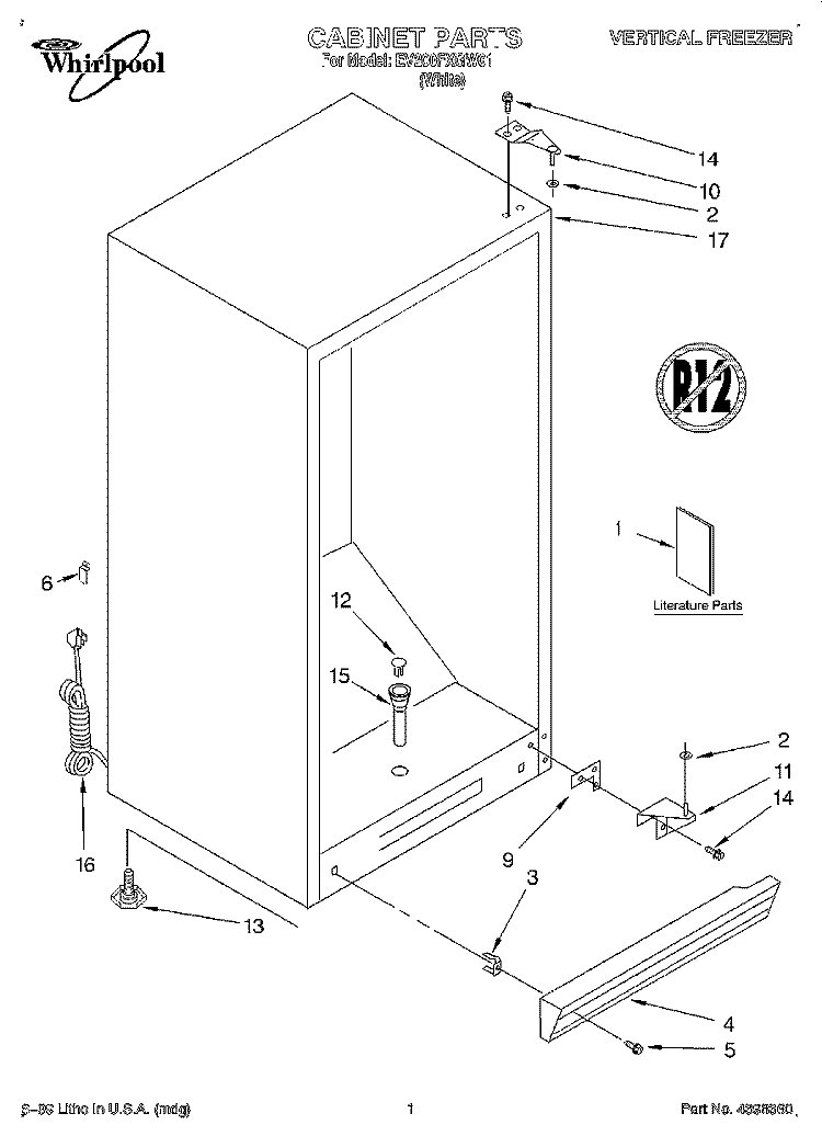 CABINET, LITERATURE Diagram and Parts List for EV200FXGW01  Whirlpool Freezer