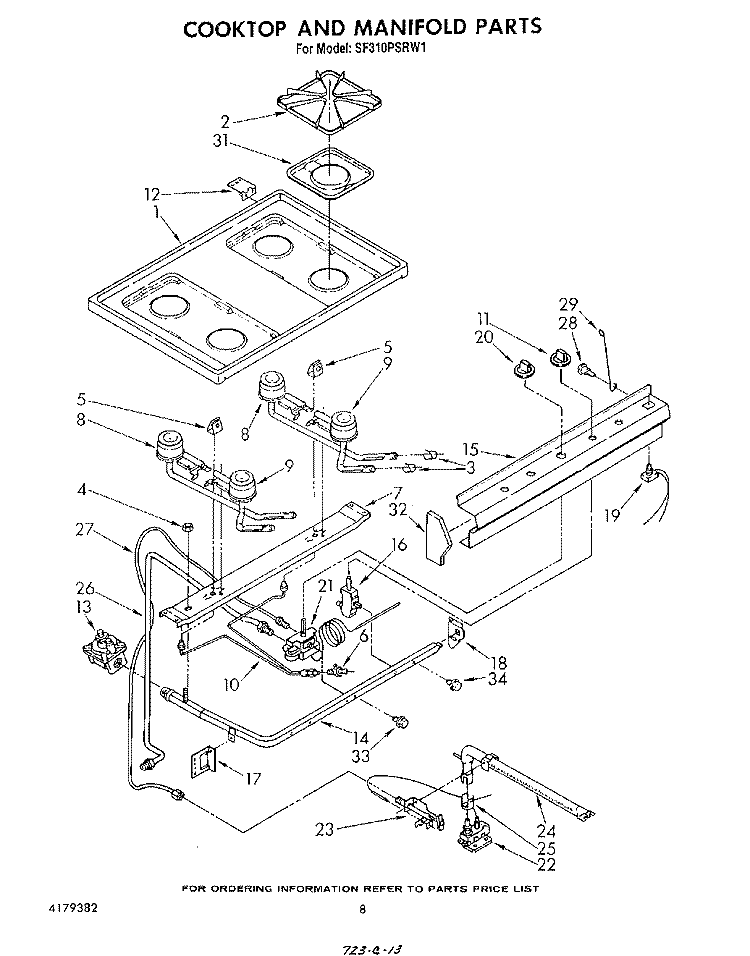 COOKTOP AND MANIFOLD , LITERATURE AND OPTIONAL Diagram and Parts List for SF310PSRW1  Whirlpool Range