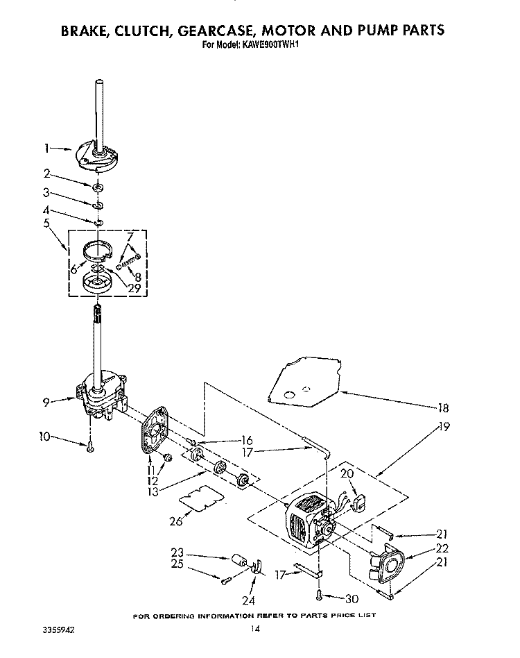 BRAKE, CLUTCH, GEARCASE, MOTOR AND PUMP Diagram and Parts List for KAWE900TWH1  KitchenAid Washer