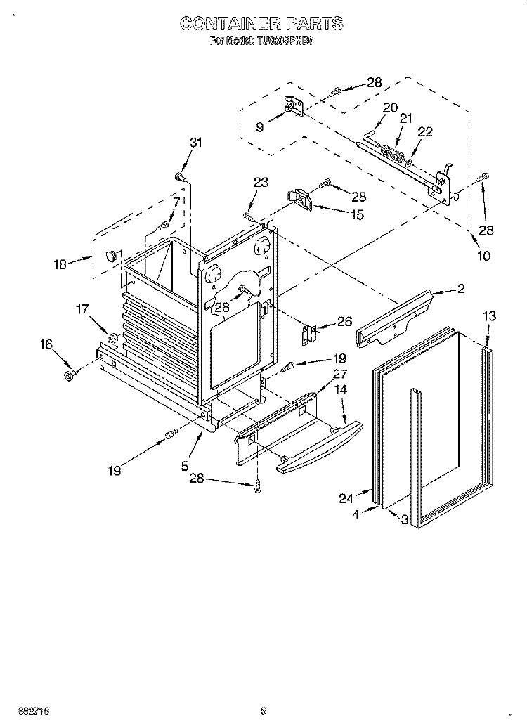 CONTAINER Diagram and Parts List for TU800SPHB0  Whirlpool Trash Compactor