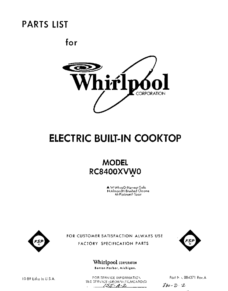 SECTION Diagram and Parts List for RC8400XVH0  Whirlpool Cooktop