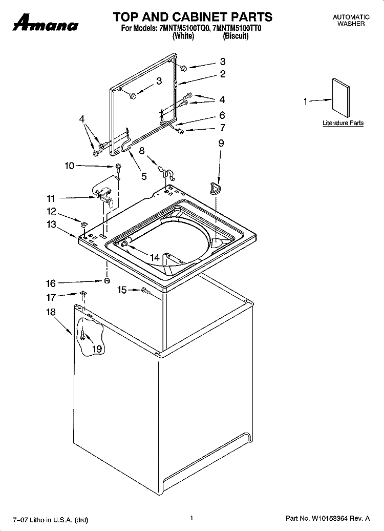 TOP AND CABINET PARTS Diagram and Parts List for 7MNTM5100TT0  Whirlpool Washer