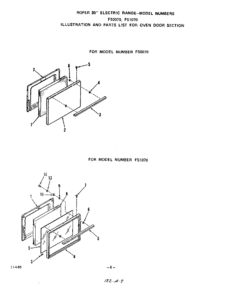 OVEN DOOR Diagram and Parts List for F5007W0  Roper Range